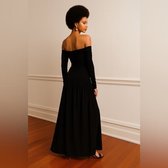 TANYA TAYLOR Marla Ruched Maxi Fit and Flare Dress Off Shoulder Long Sleeve NEW - Picture 3 of 15